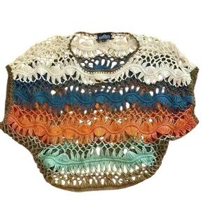 Angie Womens Crocheted Block Color Short Sleeve Top large orange blue aqua
